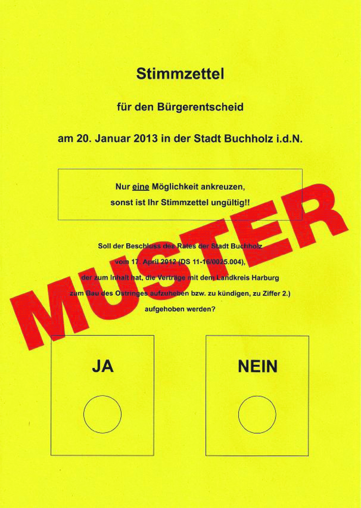 Ein Muster des Stimmzettels: Wer für den Ostring ist, stimmt mit "Ja", Gegner der Umgehungsstraße machen ihr Kreuz bei "Nein"
