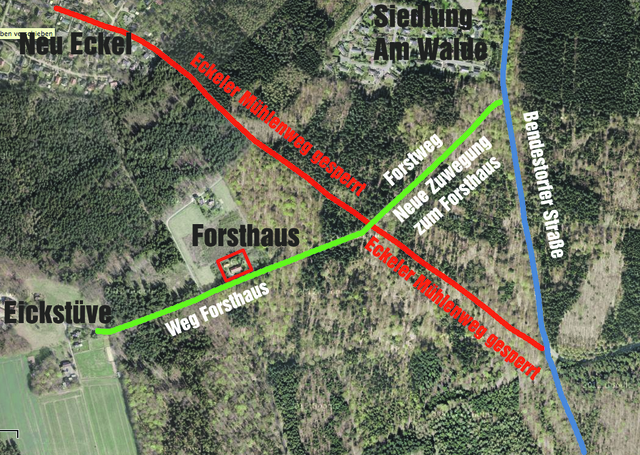 Der Eckeler Mühlenweg eine beliebte Abkürzung von Neu Eckel zur Bendestorfer Straße ist ab sofort für den Fahrzeugverkehr gesperrt | Foto: Grafik msr