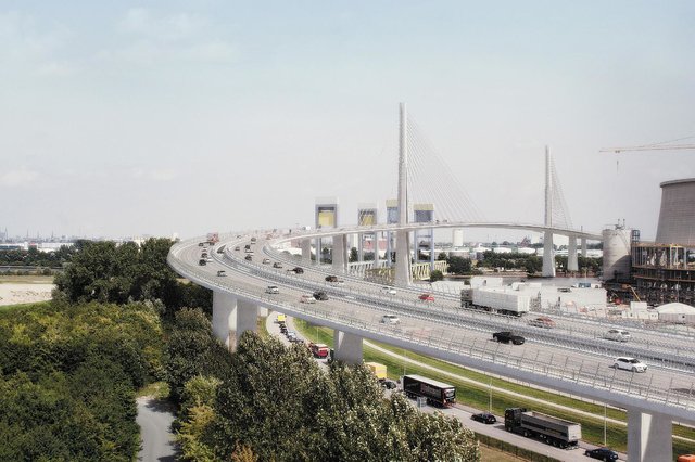 Der neue Brückenbau (Skizze) wird in etwa die gleichen Dimension wie die Köhlbrandbrücke haben | Foto: Skizze von Ingenieurgemeinschaft sbp - WTM - D+W