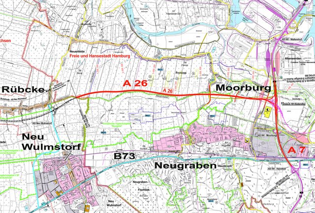 Der Trassenverlauf der A 26 auf Hamburger Gebiet zwischen Rübcke und der A 7 (Autobahnkreuz Süderelbe bei Moorburg) | Foto: Skizze der Behörde für Wirtschaft, Verkehr und Innovation