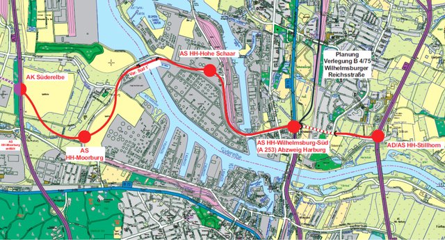 Und so soll es ab dem Autobahnkreuz Süderelbe bei Moorburg weitergehen: Die Skizze zeigt den geplanten Verlauf der Hafenquerspange "A 26 Ost" bis zur A 7 | Foto: Skizze von der DEGES - Deutsche Einheit Fernstraßenplanungs- und -bau GmbH