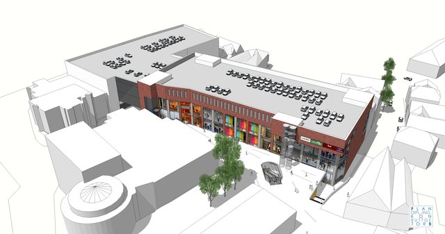 Das neue Geschäfts- und Parkhaus auf dem Stader Pferdemarkt aus der Vogelperspektive