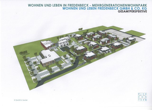 Skizze desWohnparks mit Gesundheistzentrum (li.) Fläche für ein Pflegeheim (o. li.) Gemeinschftshaus mit betreutem Wohnen (Mi. oben) sowie Wohnungen (Mi.) und Baugrundstücken (re.)