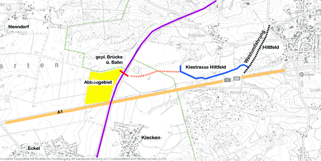 Die Skizze zeigt, wie der Abtransport des Kieses laufen könnte. Demnach fahren die Laster über eine geplante Brücke über die Bahn um dann, auf einer die Kiestrasse über die ebenfalls geplante Westumfahrung zur Kieswaschanlage nach Eddelsen zu fahren