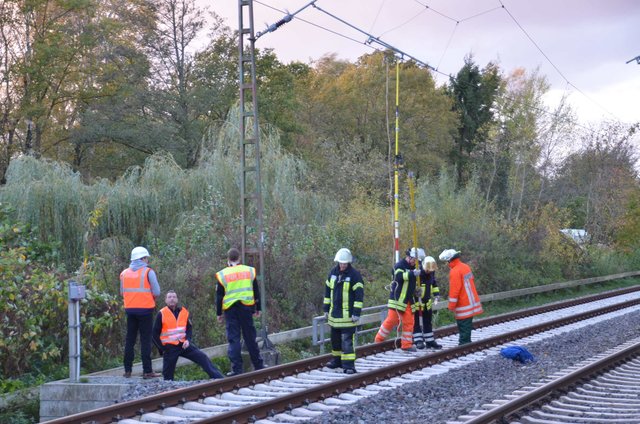 Mit Greifern beseitigten Helfer Äste von beschädigten Oberleitungen | Foto: Polizei Stade