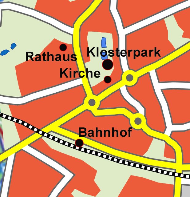 Diese Karte zeigt, wo die Kirche und der Klosterpark tatsächlich liegen