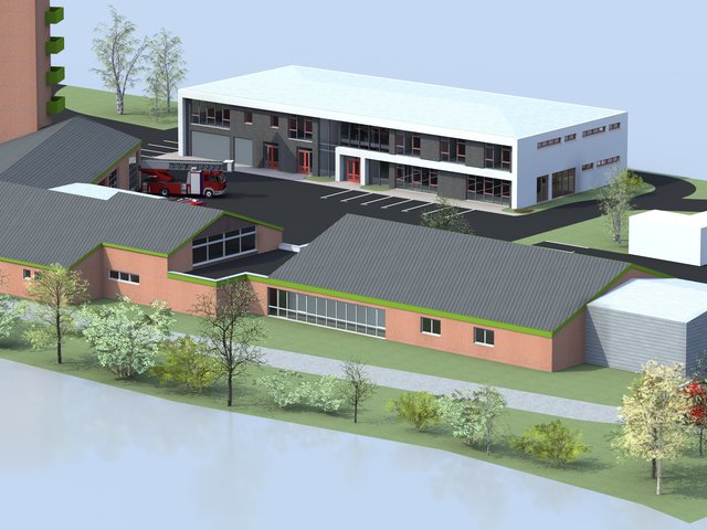 So wird die Feuerwehrtechnische Zentrale nach der Erweiterung aussehen. Hinten das neue Lehrgangs- und Stabsgebäude