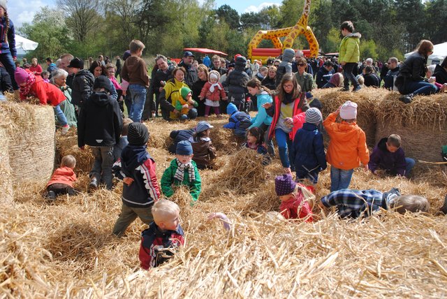 Kinder suchen im Strohberg nach Süßigkeiten