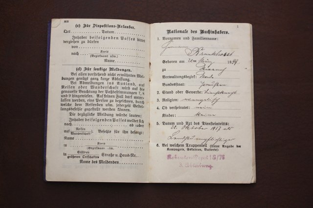 In altdeutscher Schrift wurden sämtliche Daten zu Hermann Brunkhorst in seinem Militärpass eingetragen