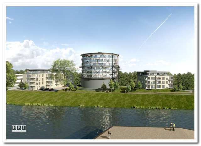 Architektenskizze des Wohn-Gasometers mit den beiden Nebengebäuzden. Im Vordergrund: die Schwinge | Foto: HBI