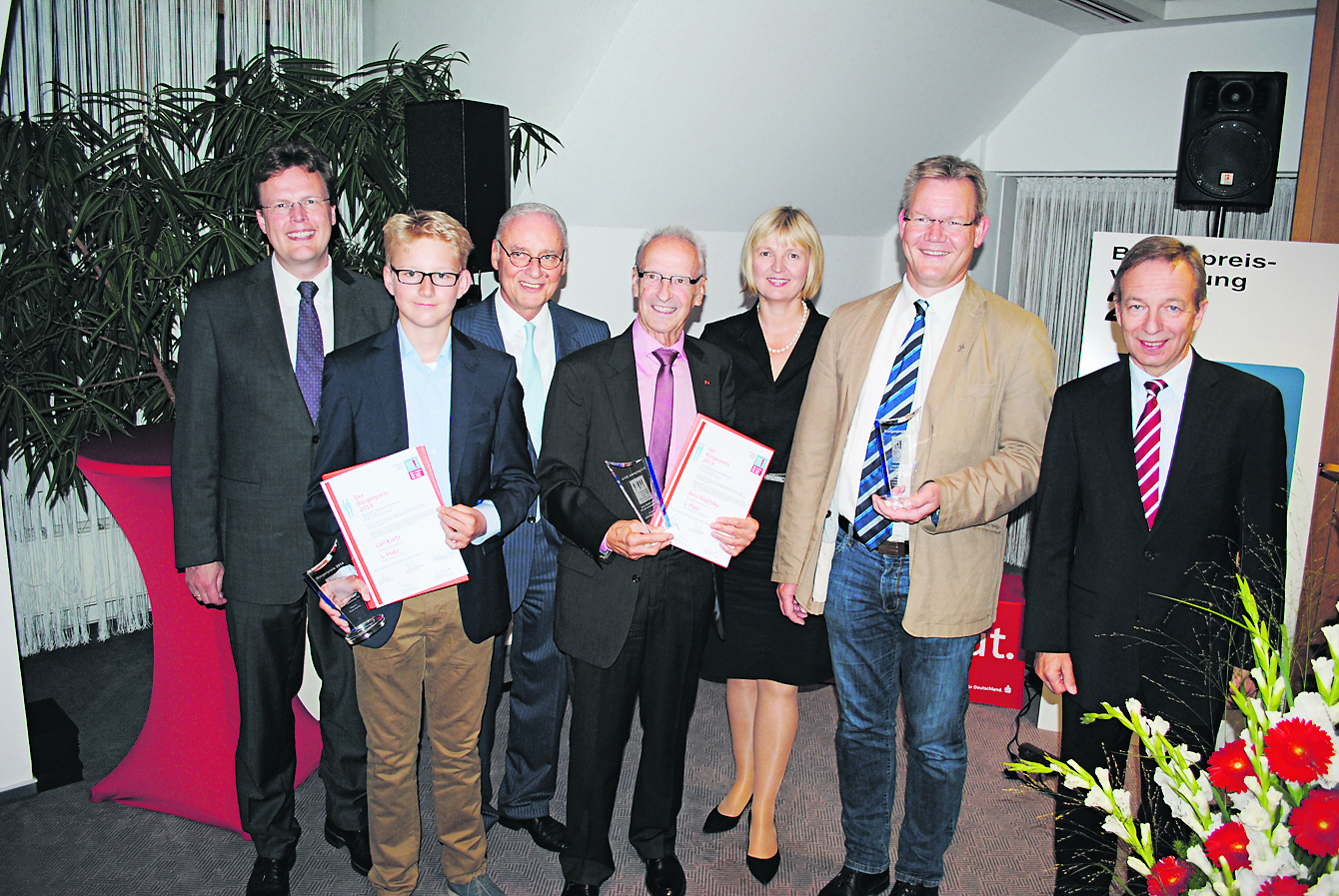 Preisträger und Laudatoren (v. li.): Christian Berndt, Carl Kurtz, Joachim Bordt, Arno Reglitzky, Andrea Schröder-Ehlers, Markus Kalmbach und Heinz Lüers