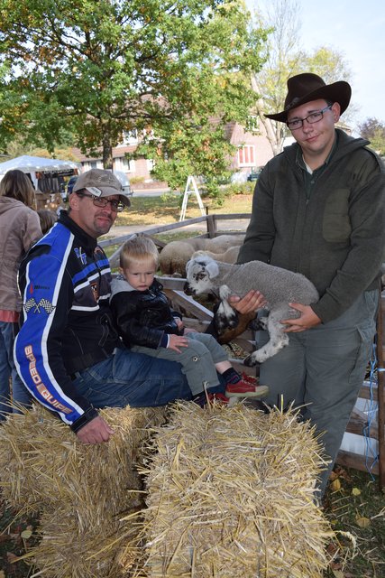 Lämmchen streicheln: Beim Berufschäfer Sven Domeyer (re.) konnte der kleine Bruno zusammen mit seinem Vater Christian Gräbert die Natur hautnah erleben