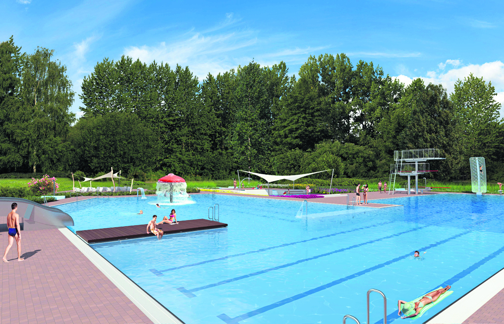 Gute Aussichten: Ähnlich wie auf diesem Entwurf soll das sanierte Waldbad nach der Fertigstellung aussehen. Der ursprünglich eingeplante Wasserpilz (hinten im Bild) wird jedoch nicht realisiert