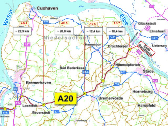 Die Küstenautobahn A20 verläuft rund 75 Kilometer durch das Elbe-Weser-Dreieck. Zusätzlich zu den in dieser Region befindlichen Bauabschnitten (AB 4 bis 7) wird ein neuer Elbtunnel bei Drochtersen (oben re.) geplant