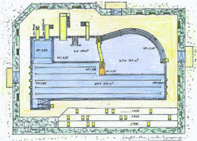 Der Plan zeigt den Grundriss des Freibades nach dessen Neugestaltung. Deutlich zu erkennen ist die Verkleinerung des Schwimmerbereiches