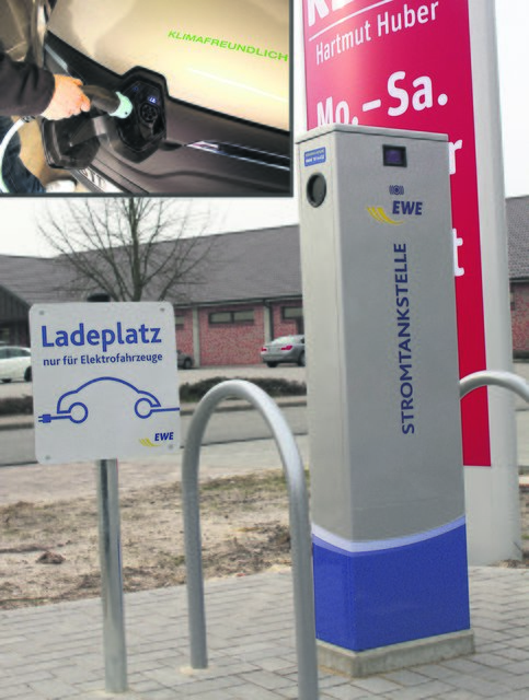 Die Stromtankstelle am Horneburger Rewe-Markt. Per Stecker gelangt der "Saft" ins Auto (kl. Bild)