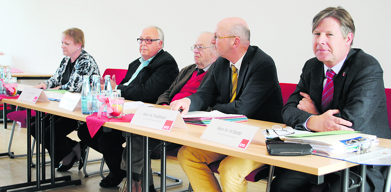 Das Podium (v.li.): Staatssekretärin Almut Kottwitz, SPD-Ratsherr Horst Subei, Oberdeichrichter Uwe Hampe, Heinrich Pudimat, Betriebsstellenleiter NLWKN in Stade, und Kreisbaurat Hans-Hermann Bode