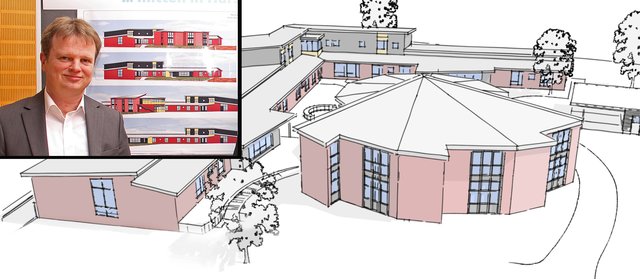 Friedhelm Sager (kl. Foto), Abteilungsleiter Wohnen bei den "Rotenburger Werken", rechnet damit, dass der Neubau (Skizze) im Herbst 2016 bezugsfertig sein wird