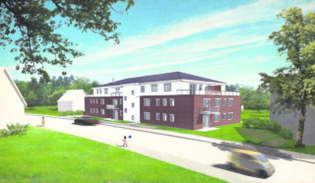 Die Visualisierung zeigt das moderne Wohnhaus, das am Auedamm entstehen soll