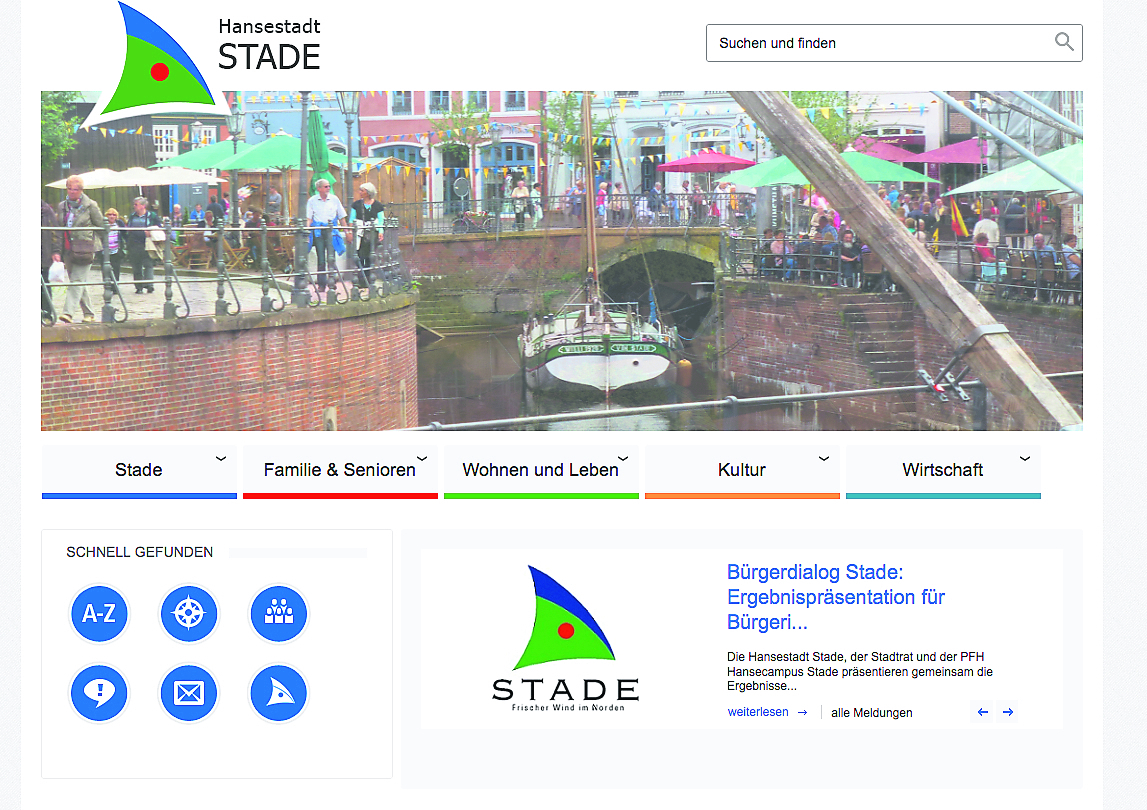 Die Startseite der neuen Stade-Homepage ist zwar übersichtlich und nutzerfreundlich, ein Online-Rats- und Bürgerinformationssystem fehlt aber nach wie vor