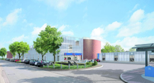 So soll das fertige Parkhaus aussehen. Rechts befindet sich die Fahrrad-Abstellanlage
