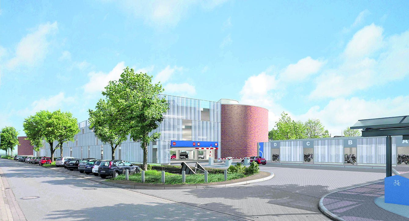 So soll das fertige Parkhaus aussehen. Rechts befindet sich die Fahrrad-Abstellanlage
