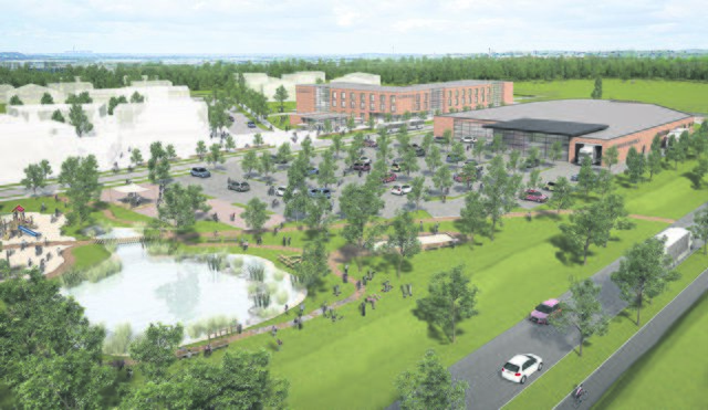Entwurf: Altenheim (hi. re.) mit angeschlossener Einichtung für "Betreutes Wohnen", Nahversorgungskomplex (re.) mit Kundenparkplätzen sowie ein Park (vorne) mit Wasserfläche | Foto: Foto: Projektentwicklungsbüro Grefrath Projekt
