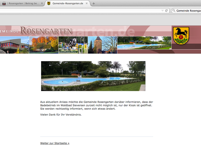 Dieser Hinweis ist seit vergangener Woche auf der Homepage der Gemeinde Rosengarten geschaltet