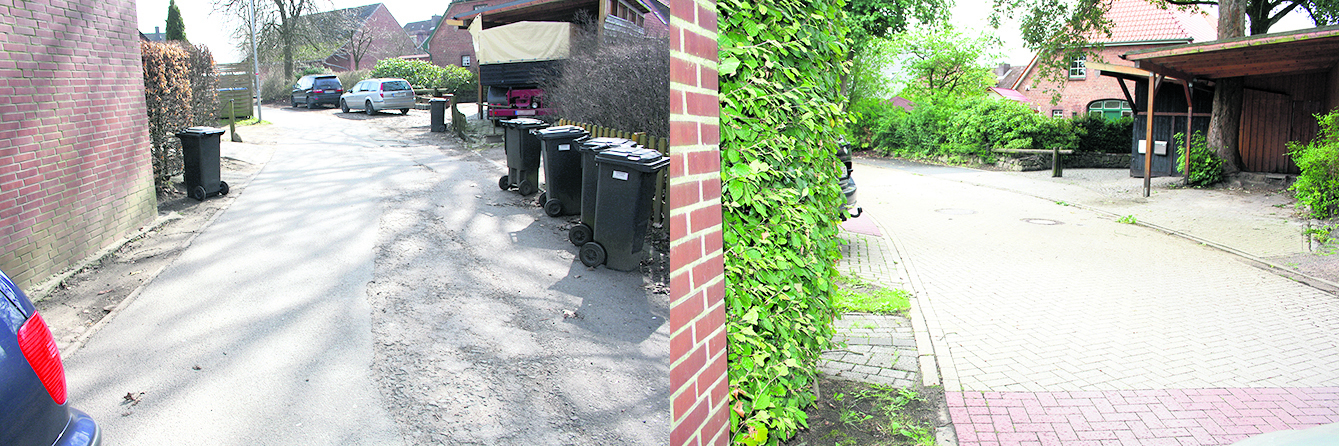 Kaputter Asphalt (li.): So sah der Eichenweg in Rosengarten vor einem Jahr aus. Heute ist alles schick (r.) - bezahlt hat es die Allgemeinheit. In Buchholz wären die Anlieger in der Pflicht gewesen