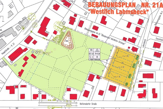 Der Plan zeigt das Baugebiet Lahmsbeck. Es geht um den gelben Bereich auf der rechten Seite