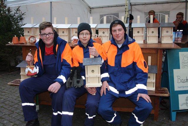 Max Klemm (v. li.), Malte Röhrs und Florian Rumpf von der Jugendfeuerwehr verkauften Futterhäuser und Nistkästen