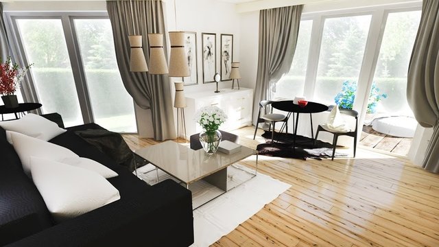 Nach dem "Digital Staging": Das Wohnzimmer ist modern und stylish eingerichtet