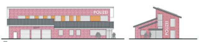 Der Vorentwurf für die neue Polizeistation: Front- und Seitenansicht des am Zickzackweg geplanten Domizils