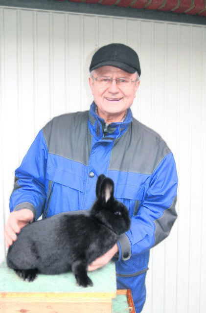 Karl Röhrs mit einem seiner Alaska-Kaninchen