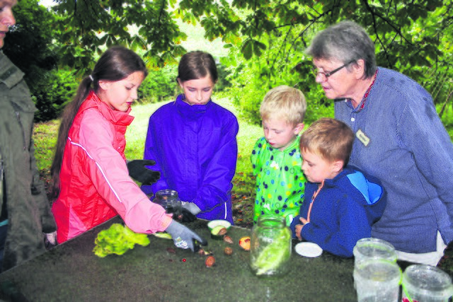 Gisela Schneekloth beobachtet mit den Kindern Schnecken