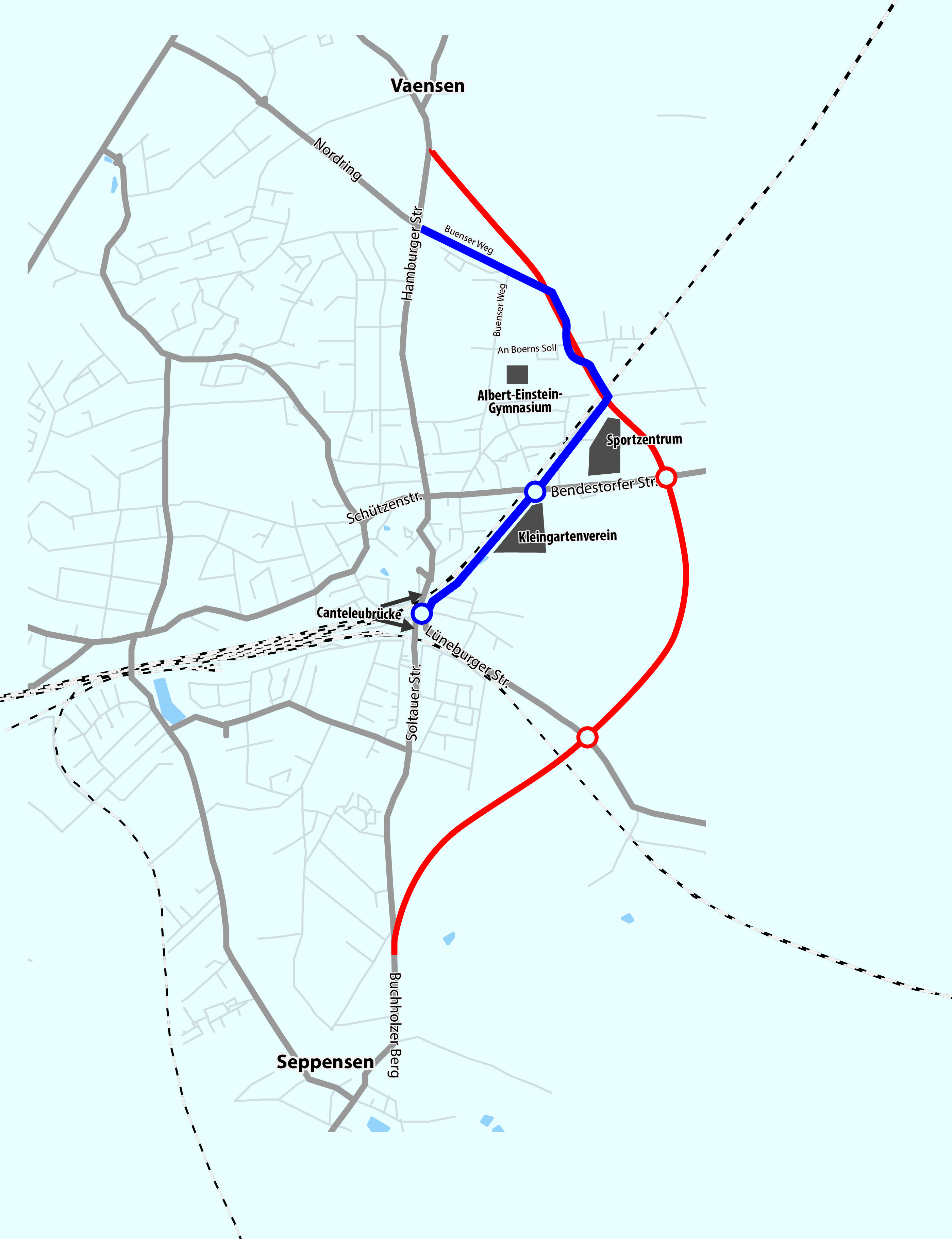 Die Trasse des Ostrings (rot) beginnt am Buchholzer Berg im Süden und führt in weitem Bogen im Osten an Buchholz vorbei in Richtung Vaensen. Der Bypass (blau) fängt hinter dem südlichen Teil der Canteleubrücke an und führt über den Langen Sal entlang des Kleingartenvereins auf den Holzweg. Im Norden schließt er an den bestehenden Buenser Weg in Richtung Nordring an