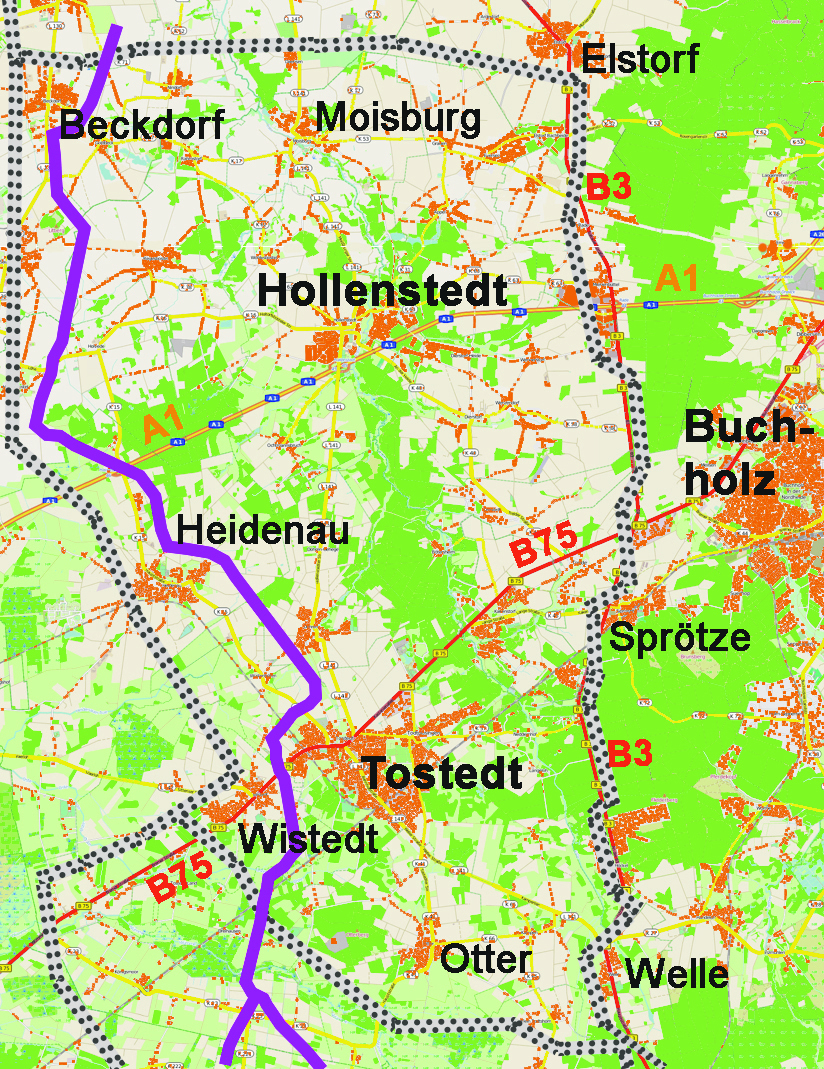 Die gestrichelte Linie zeigt die ursprüngliche, die violette die aktuelle Trassenplanung