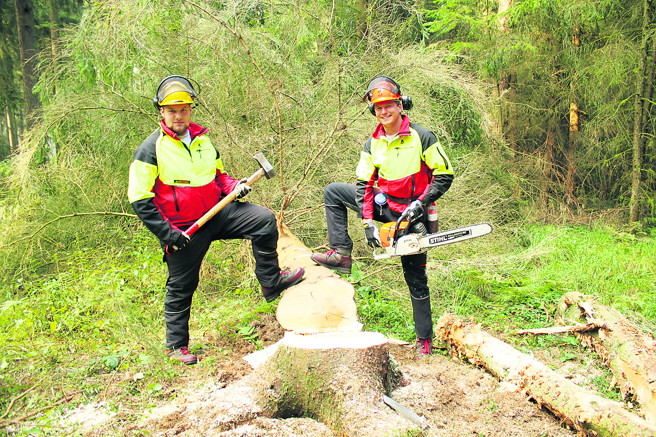 Arbeitsplatz Wald: Torge Both (li.) und Thore Schlüter hantieren mit Axt und Kettensäge