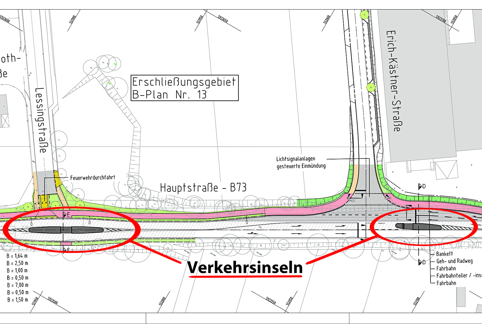 Eine Insel vor der Erich-Kästner-Straße (rechts unten) und eine vor der Lessingstraße: Nach dem Entwurf des Ingenieurbüros SBI könnte die B73 zukünftig so aussehen