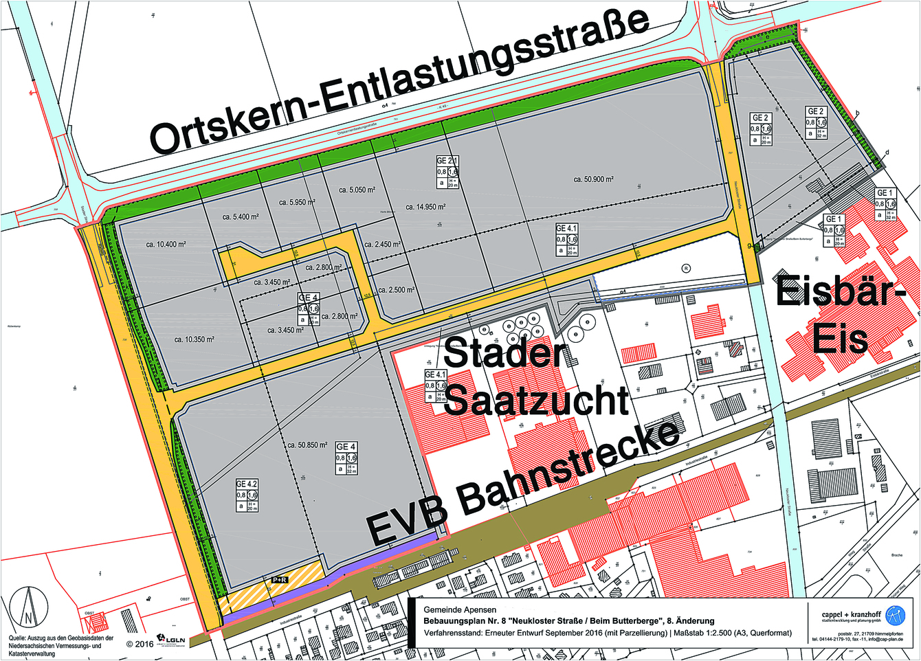 Die Skizze macht deutlich, wie groß die zusätzlichen Gewerbeflächen sind. Der orange gestrichelte Bereich unten links stellt den P+R-Parkplatz dar