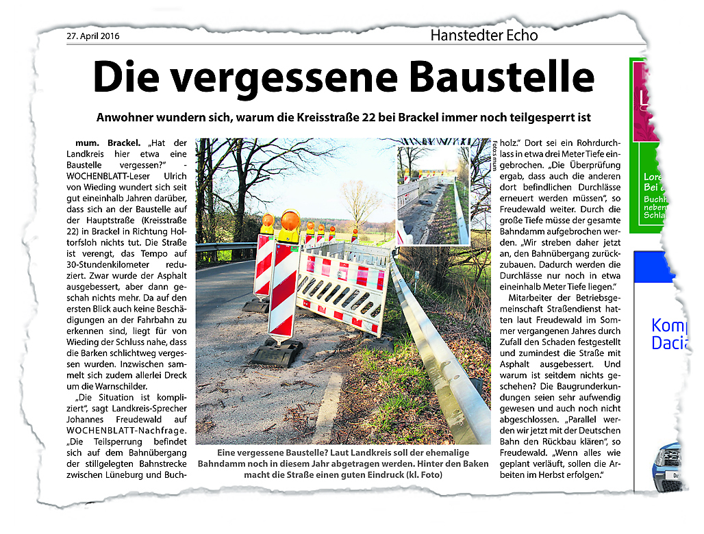 Bereits im April berichtete das WOCHENBLATT über die Baustelle. Eigentlich sollte die Straße bis Herbst repariert sein