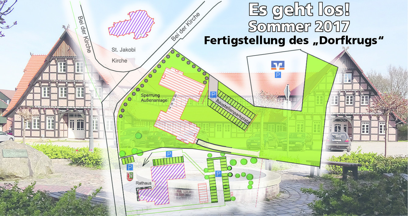 Der „Dorfkrug“ ist das Wahrzeichen Hanstedts. Die Arbeiten sollen jetzt beginnen. Im ersten Schritt wurde ein Parkplatz eingerichtet