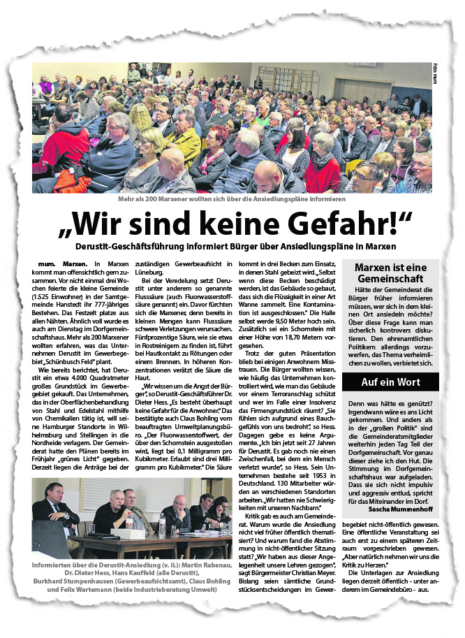 "Wir sind keine Gefahr!" - Im Oktober hatte das Unternehmen Derustit im Zuge einer Informationsveranstaltung die Bürger in Marxen informiert