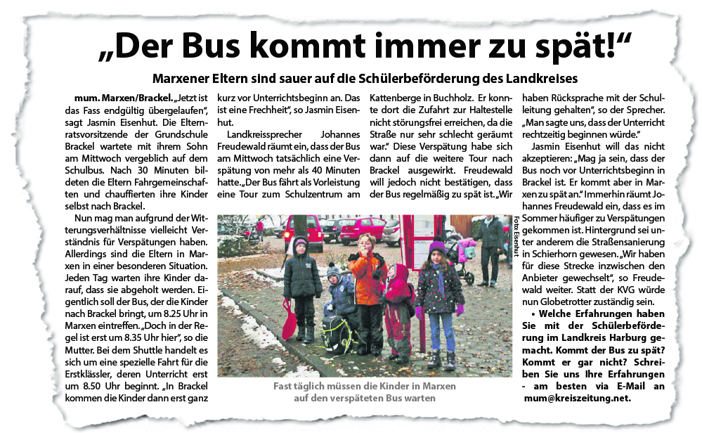 Das WOCHENBLATT berichtete über verspätete Schulbusse in Marxen. Offensichtlich kein Einzelfall