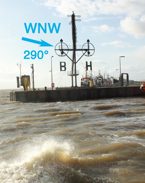 Dieser Semaphor gibt  die Windrichtung an. Gefährlich wird es, wenn der Wind auf West-Nordwest (WNW) dreht und im Winkel von 290 Grad auf die Elbmündung trifft.