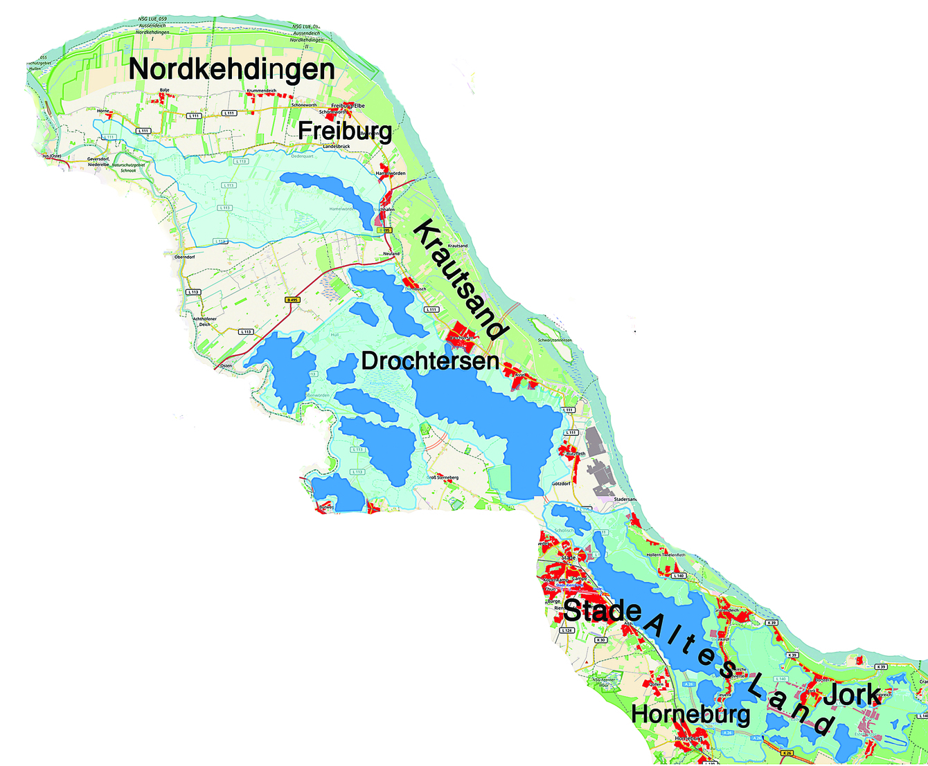 Diese Flächen sind vom Hochwasser bedroht: In Dunkelblau sind die Areale markiert, die unter dem Meeresspiegel liegen. Hellblau sind die Bereiche gekennzeichnet, die bis zu einem Meter hoch sind