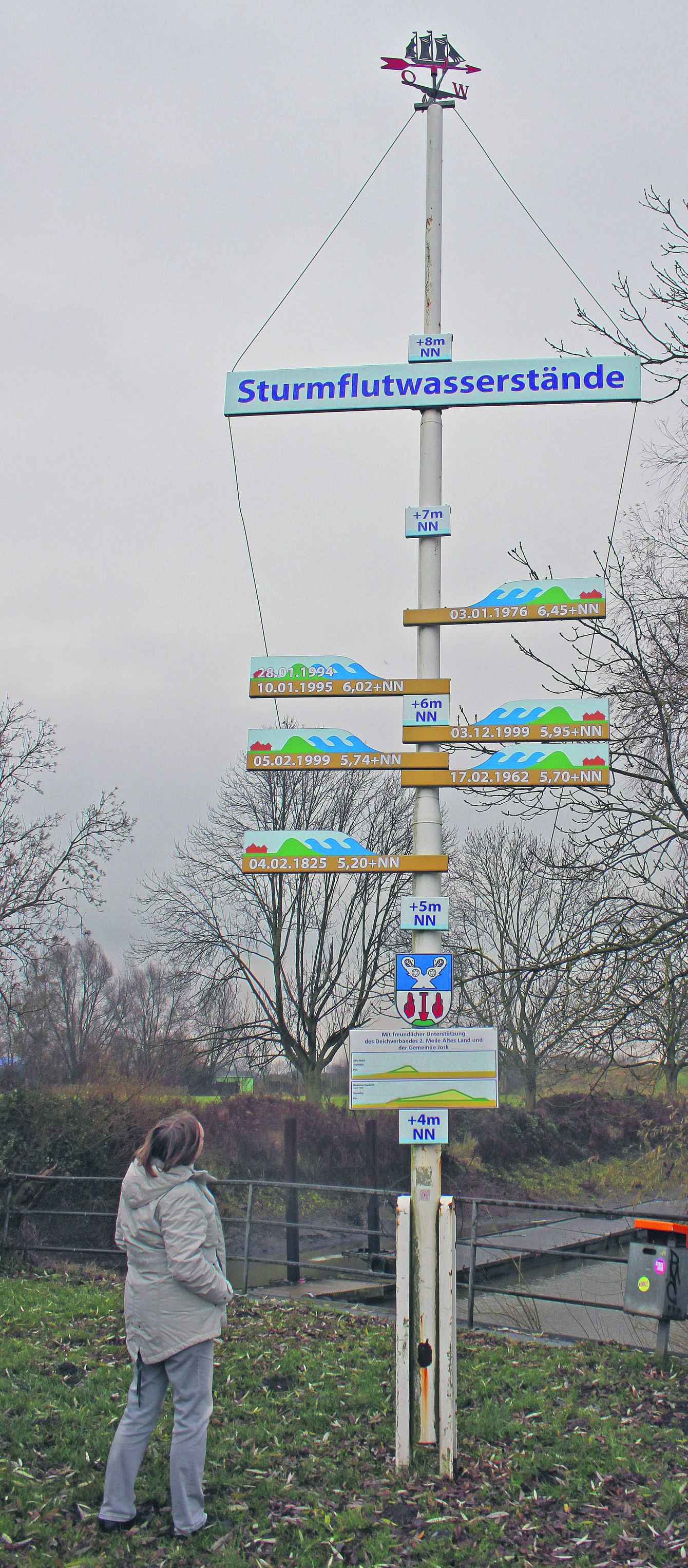Dieser Mast in Jork-Neuenschleuse mit den sogenannten Flutmarken zeigt die Höchststände der Sturmfluten im Alten Land an