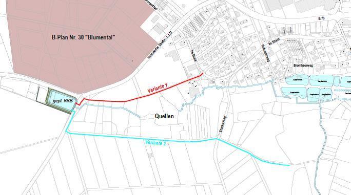 Das Regenwasser soll vom geplanten Regenrückhaltebecken in einen Kanal in der Straße "Am Stuck" fließen (Variante 1)