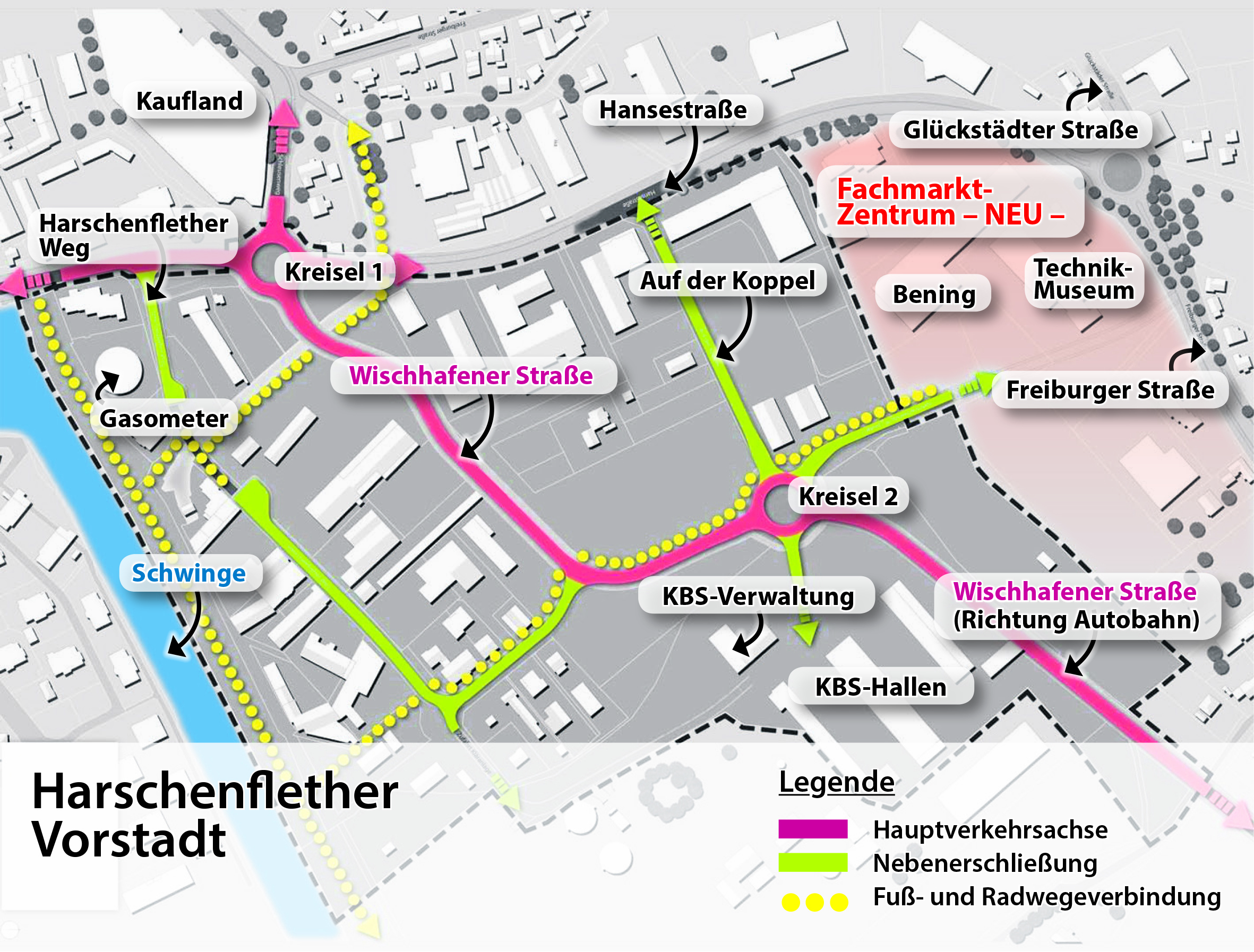 In Kürze werden die Pläne für das neue Fachmarktzentrum auf dem Ex-Technikmuseumsgelände in Stade ausgelegt. Für die Stader Stadtplaner ist der für 2017 angepeilte Baubeginn zugleich der Zündfunke für die Modernisierung des Viertels Harschenflether Vorstadt (dunkelgraue Fläche Mitte) für rund 5,5 Millionen Euro von Stadt, Land und Bund aus Mitteln des dem Förderprogramms "Städtebau West". Im Zentrum steht eine Haupterschließungsstraße Wischhafener Straße (rote Linie) mit zwei neuen Kreiseln