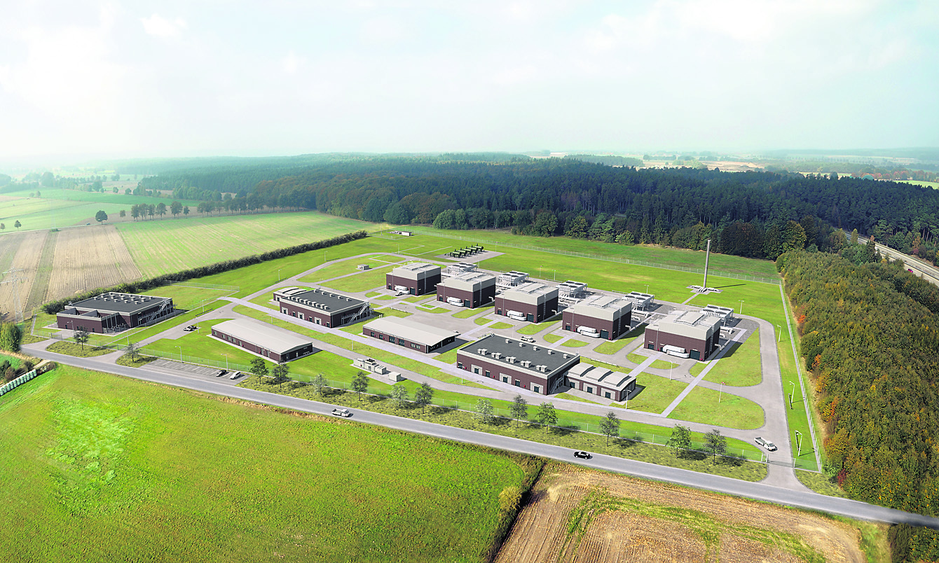 Das Foto zeigt eine Visualisierung der Gasverdichtungsanlage in Brackel. Rechts im Bild ist die Autobahn 7 zu erkennen